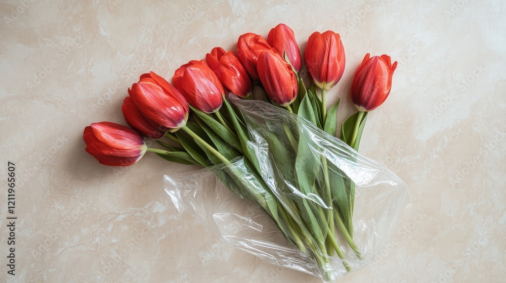 Aufkleber fresh red tulips arranged in a plastic bag resting on a light beige surface for a charming floral di