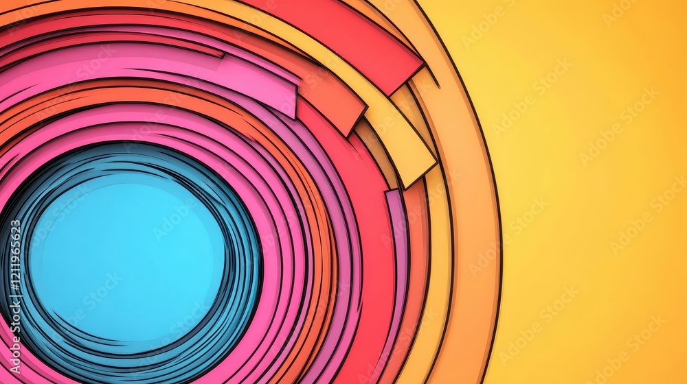Poster dynamic and colorful three-dimensional abstract design with circular layers and vibrant background