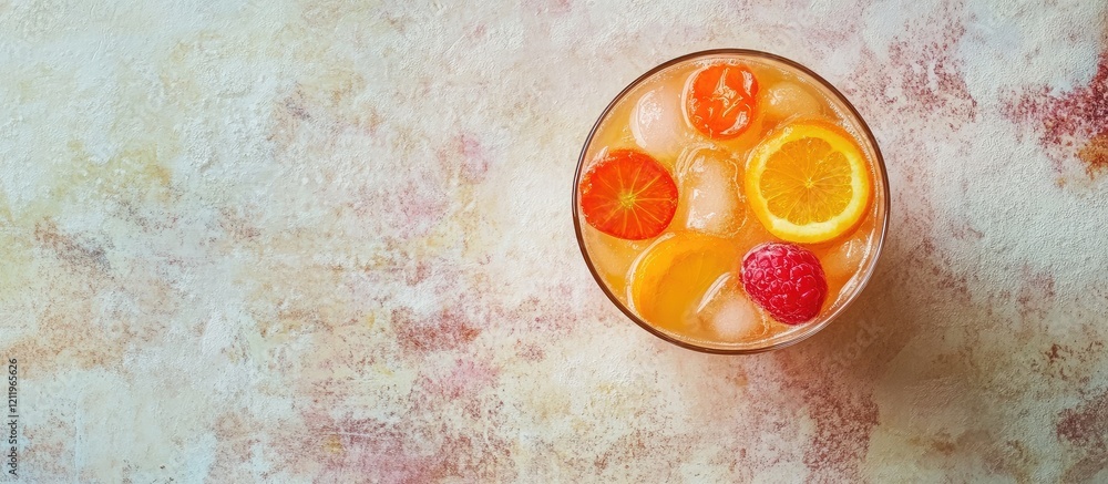 Poster colorful assortment of fresh fruits in vitamin cocktail with ice in glass on textured beige and pink