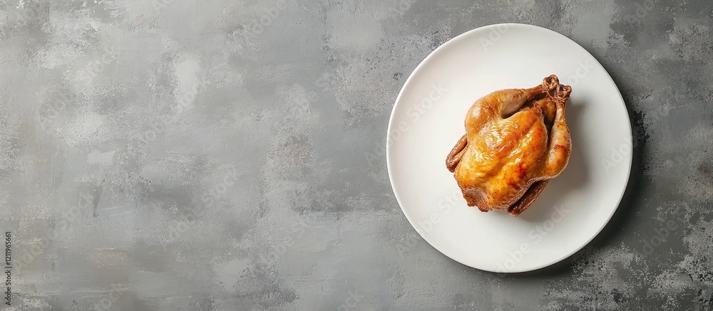 Aufkleber top view of golden roasted chicken on a classic white plate resting on a textured gray wooden surfac