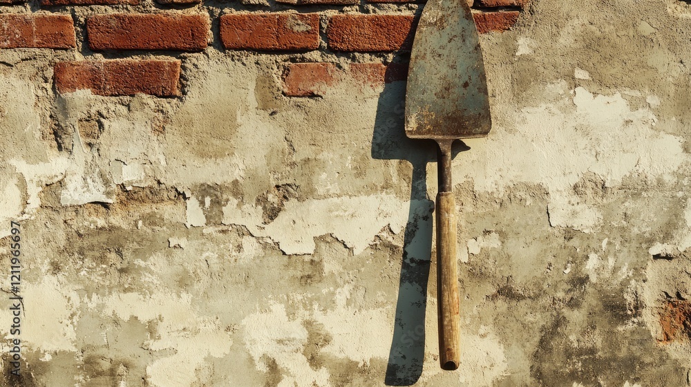 Aufkleber trowel resting on a raw brick wall in an unfinished construction site showcasing a rustic building e