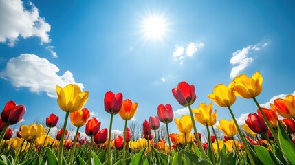 Fototapeta premium Colorful Tulip Field Under Bright Sun and Blue Sky with Fluffy Clouds in Springtime Horizontal Panorama