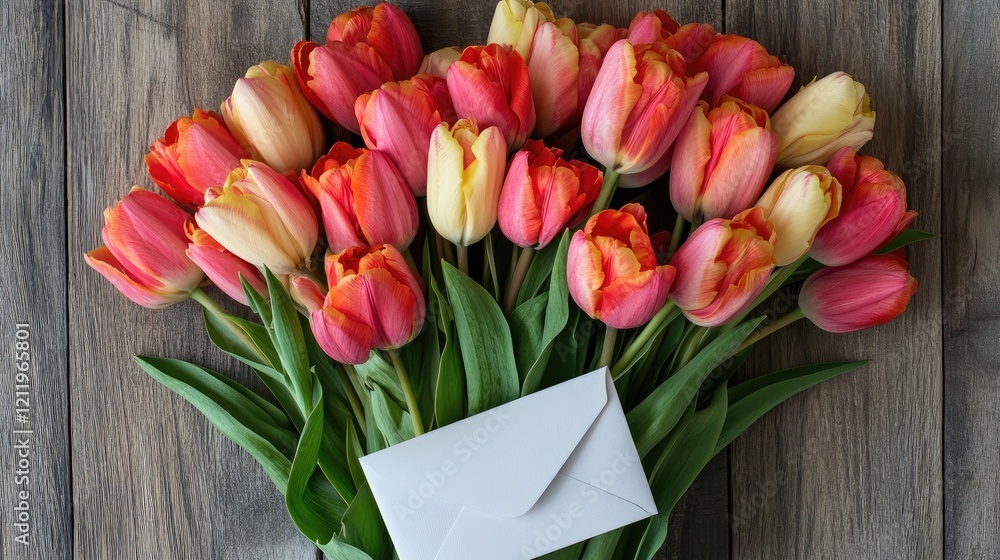 Poster colorful tulip bouquet with white envelope on wooden background overhead view blank space for text o