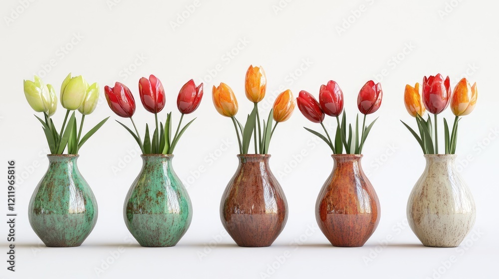 Poster vibrant tulips in colorful vases arranged in a row against a minimalist white background showcasing 
