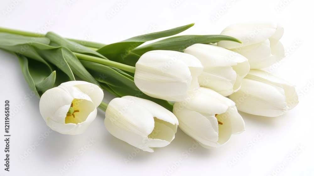 Poster white tulips on a light background showcasing their delicate petals and vibrant green leaves symboli