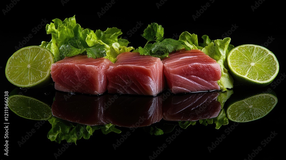 Aufkleber fresh tuna fillets garnished with lime slices and crisp lettuce on a reflective black surface showca