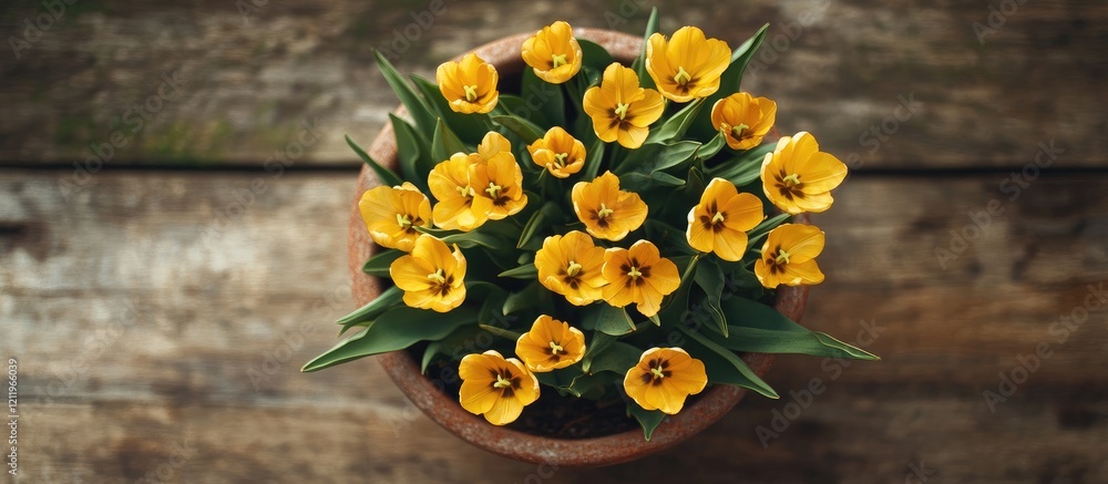 Poster Top view of vibrant golden tulips in a rustic clay pot on a wooden background with ample space for text and design elements