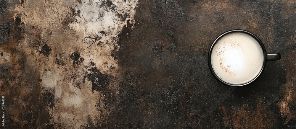 Aufkleber top view of a black cup of creamy milk coffee on a rustic brown stone background with blank space fo