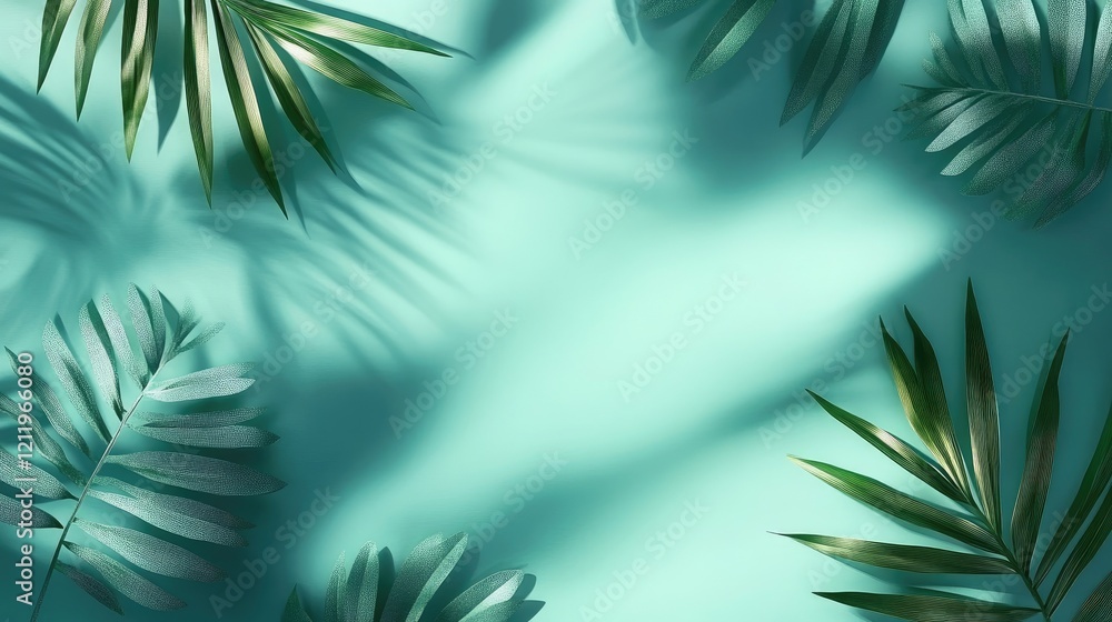 Poster tropical green palm leaves casting shadows on a serene teal background creating an abstract nature-i