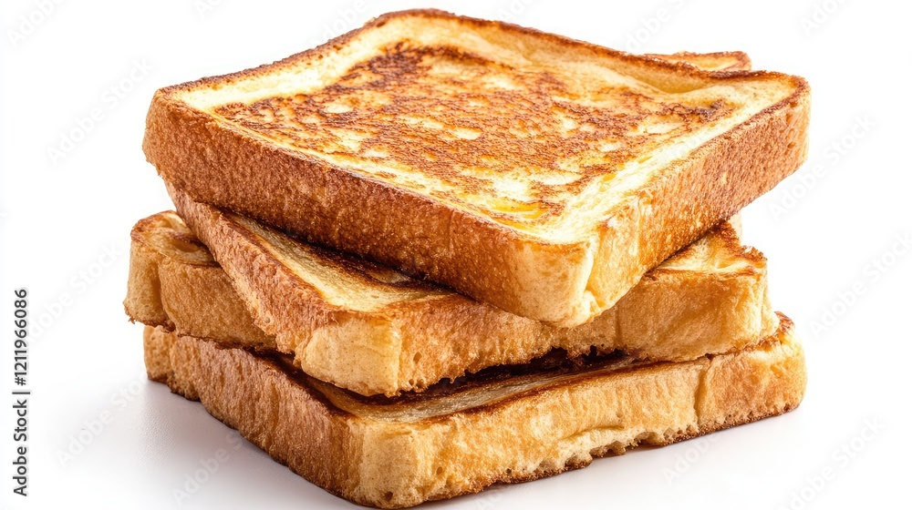 Poster golden crispy french toast stacked in a neat arrangement on a clean white background highlighting te