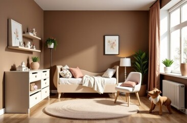 Stylish, modern bedroom in mocha mousse color.