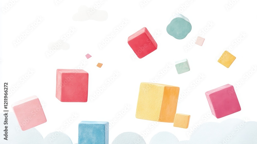 Poster playful three-dimensional geometric shapes in a bright dreamlike sky with soft clouds and colorful b