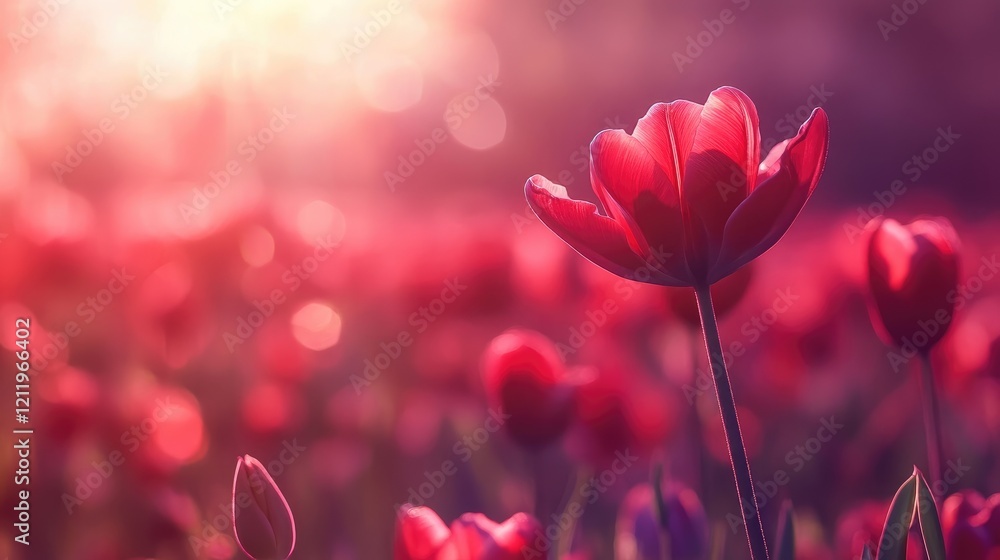 Poster Close up of vibrant red tulip blossoms in a sunlit field with soft bokeh background creating a dreamy atmosphere in springtime.