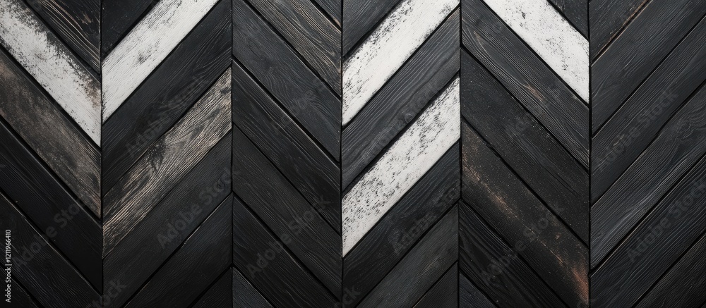 Fototapete Chevron patterned black and white wooden planks in a top view creating a stylish background with negative space for design elements or text.