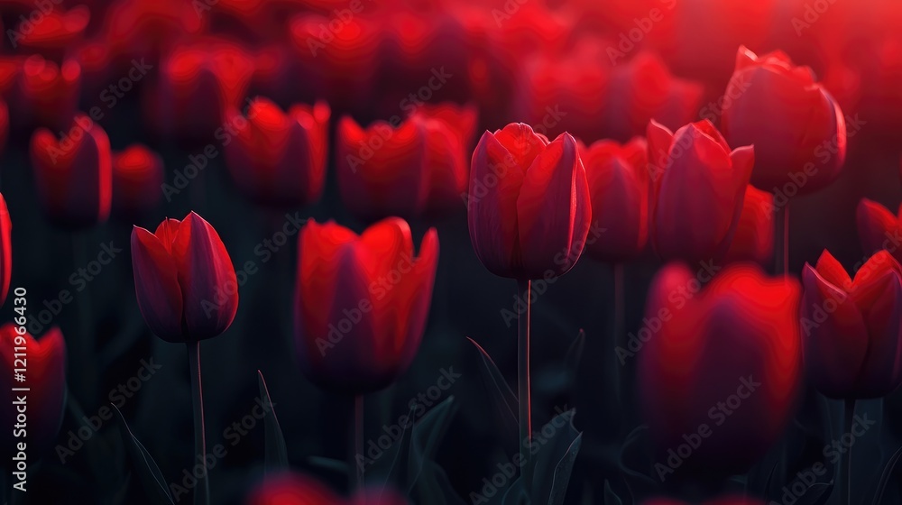 Poster red tulip flowers illuminated by soft light in a dark field creating a romantic and moody floral bac
