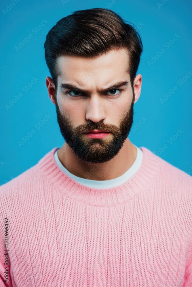 Poster a man wearing a pink sweater and sporting a beard, ideal for use in illustrations or photography con