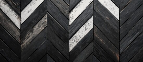 Chevron patterned black and white wooden planks in a top view creating a stylish background with negative space for design elements or text.