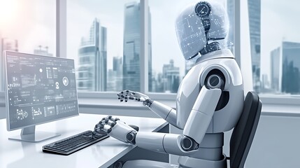 Robot working on computer in office.