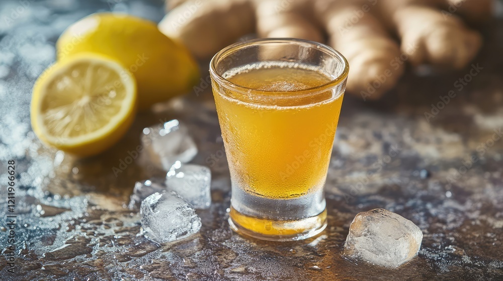 Poster Top view of a refreshing ginger shot with ice and lemon slices on a rustic textured surface, showcasing vibrant yellow and earthy tones.