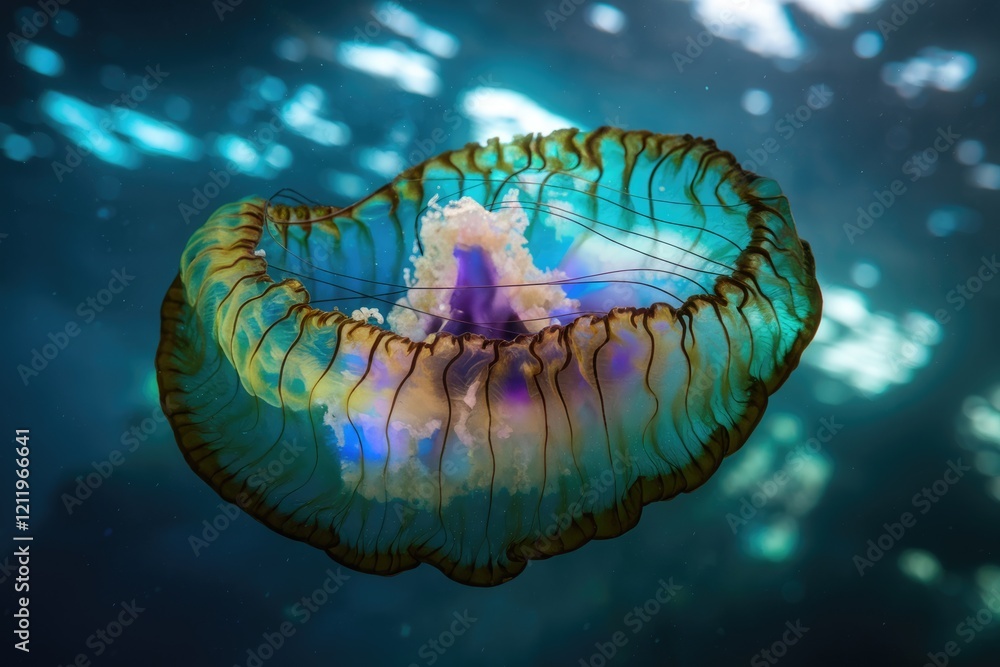 Poster A mesmerizing jellyfish with vibrant colors and intricate bell, gracefully floating in the deep blue ocean.