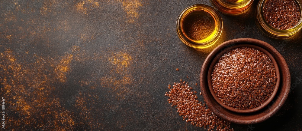 Aufkleber top view of a rustic brown bowl filled with rich flaxseeds and a golden oil jar on a dark golden tex