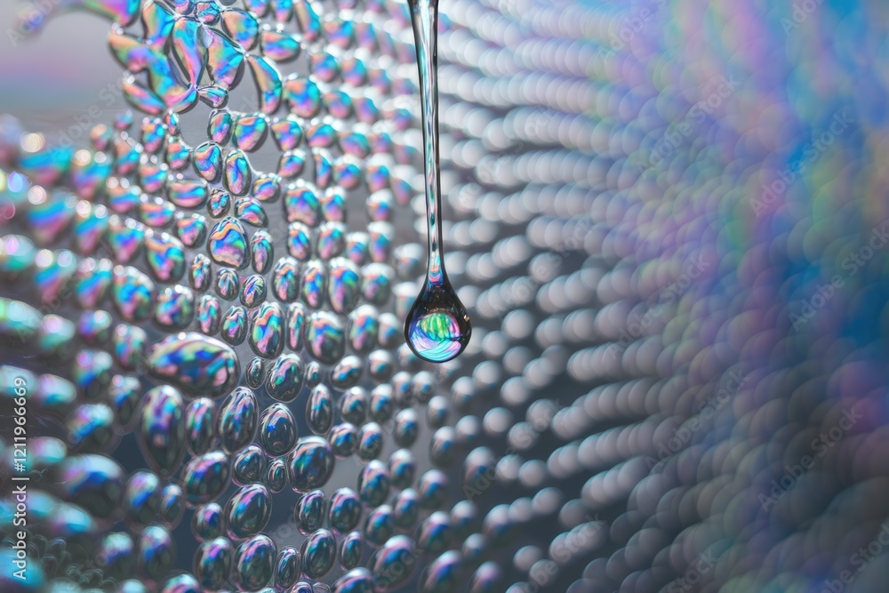 Aufkleber A single water drop hangs, reflecting iridescent bubbles creating a mesmerizing abstract image.