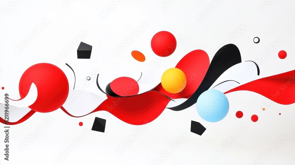 Poster vibrant three-dimensional orbs and cubes in a dynamic composition of colors and shapes against a min
