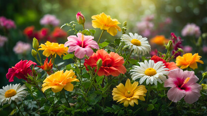 A variety of flowers in full bloom in a garden