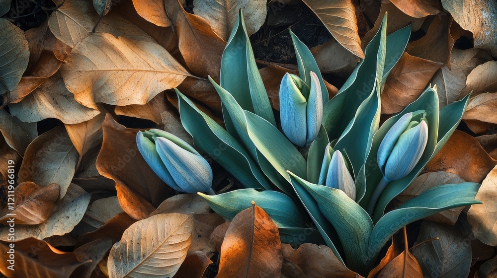 Poster tulip buds emerging through autumn leaves in a serene garden setting showcasing nature's resilience 