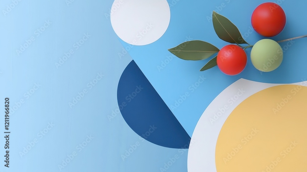 Poster playful and dynamic three-dimensional composition with colorful shapes and natural elements on a blu