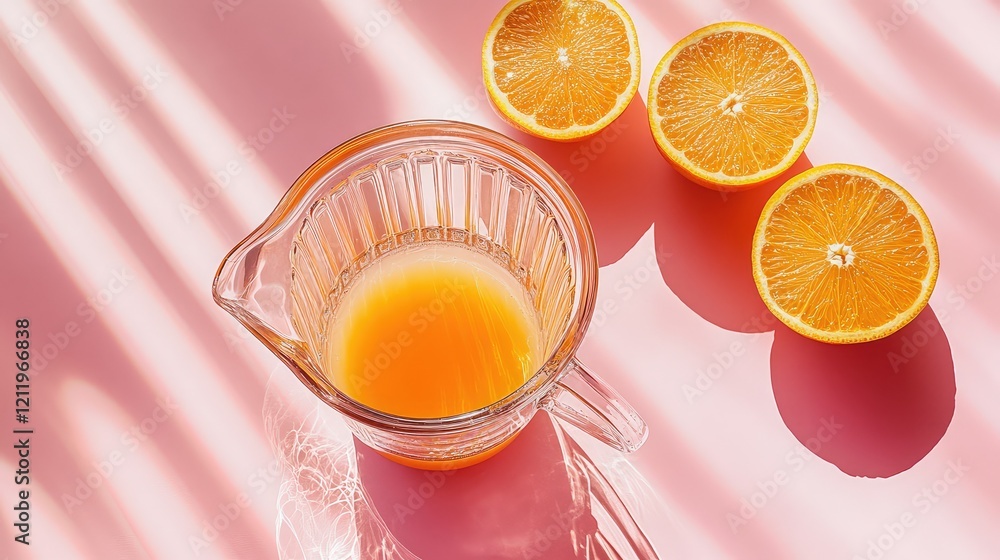 Poster clear glass juicer on a pastel pink backdrop with fresh orange juice and halved oranges casting shad