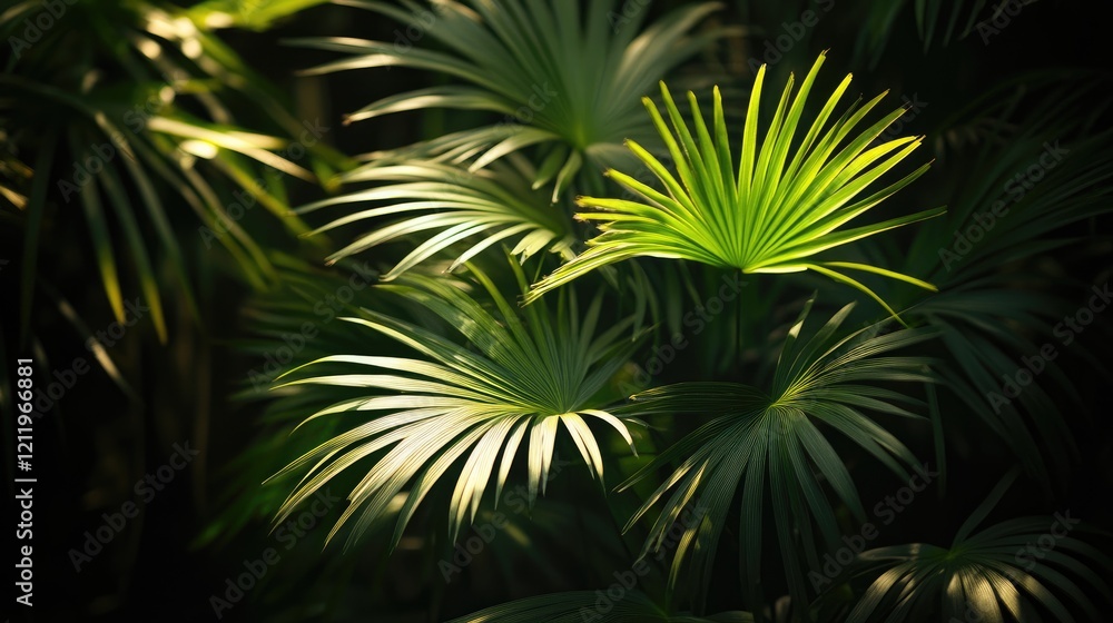 Poster lush tropical green palm leaves illuminated against a dark background creating a serene and exotic a