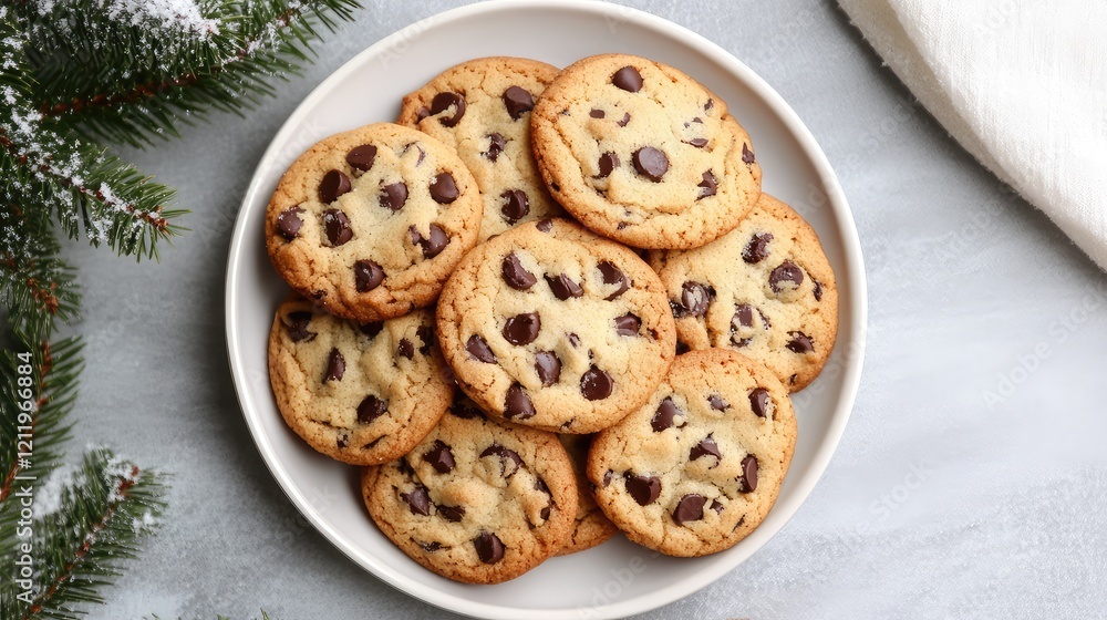 Poster Top view of a white plate filled with chocolate chip cookies adorned with a sprig of snow on a gray textured background