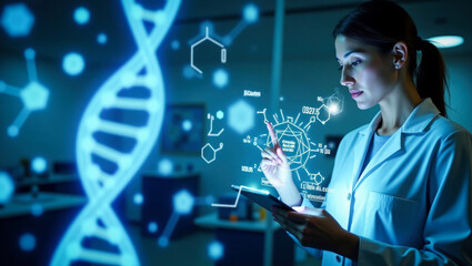A futuristic scientific theme with a DNA double helix molecular structure and a scientist in a white lab coat is holding a tablet, interacting with a holographic interface
