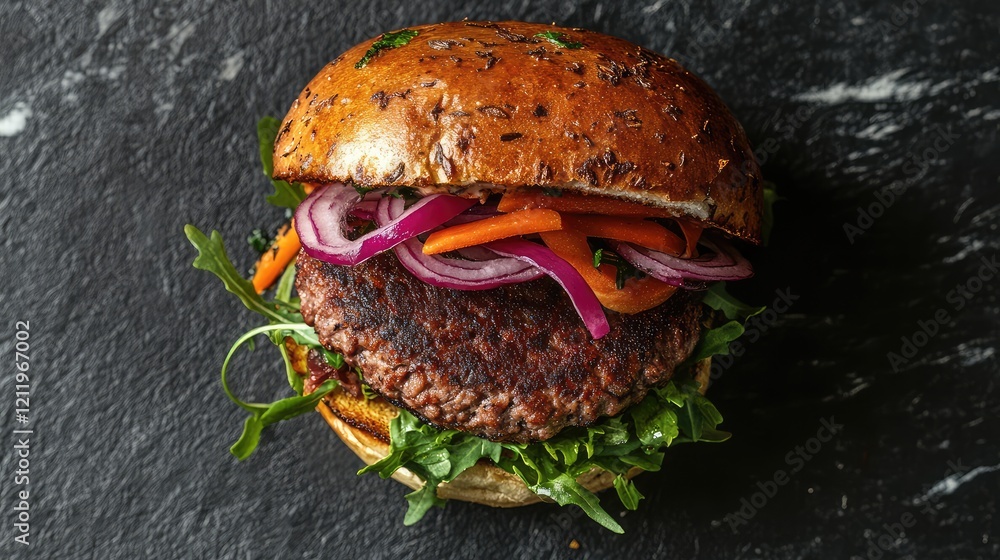 Poster homemade beef burger with colorful toppings and greens on a rustic black stone background showcasing