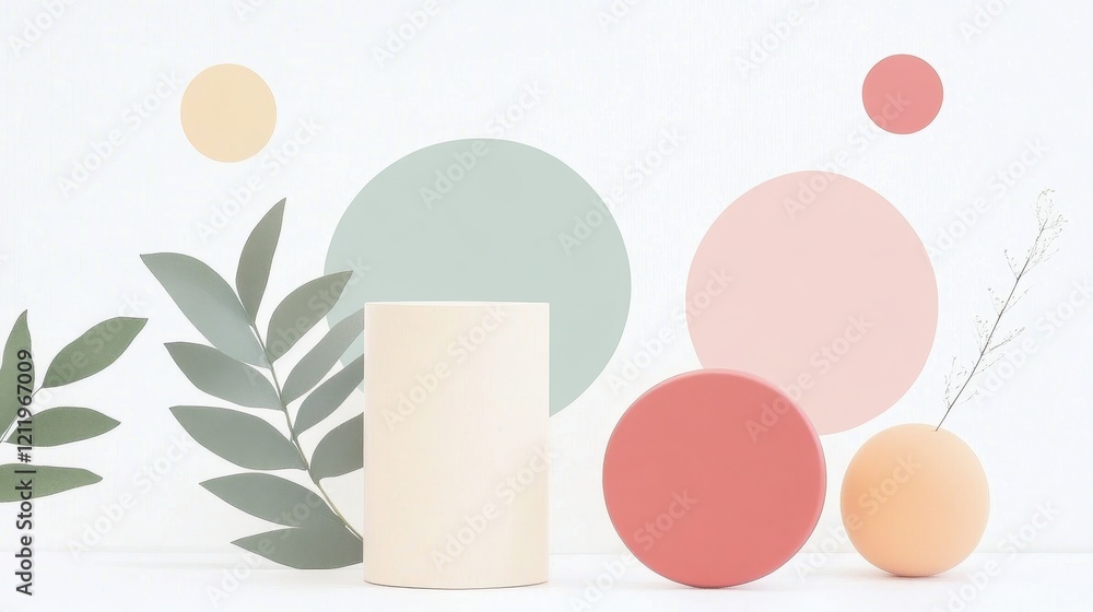 Poster dynamic three dimensional shapes in vibrant colors set against a minimalistic background with natura