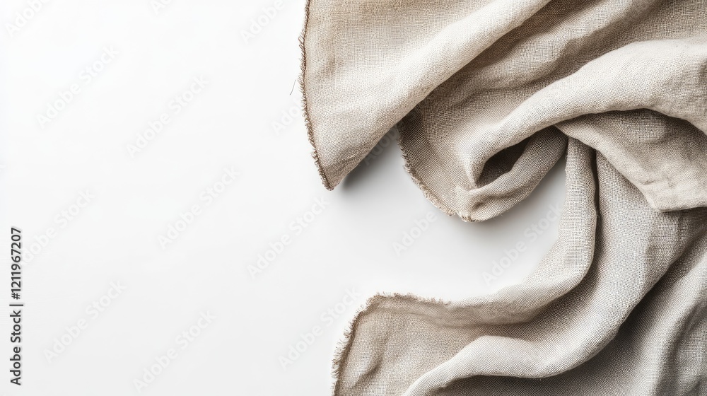 Poster Linen napkin in soft beige tones elegantly draped on a clean white background with ample negative space for text and design elements.