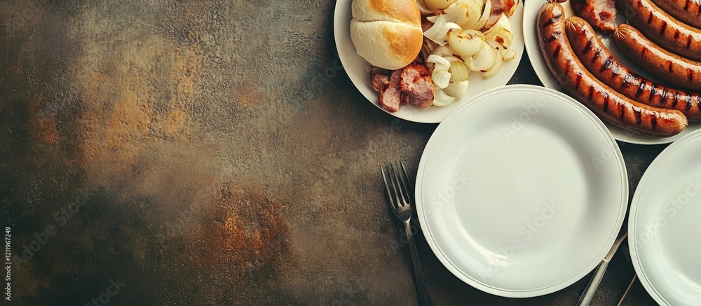 Poster Top View of Grilled Sausages with Onions and Buns on White Plates Surrounded by Rustic Brown Background Empty Space for Text