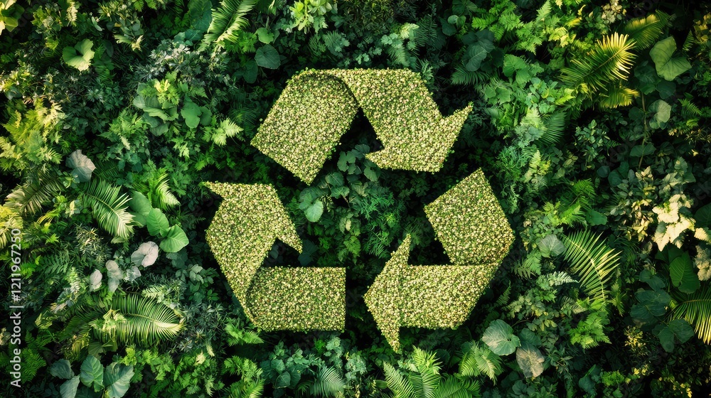 Poster aerial view of a vibrant green forest ecosystem featuring a recycled foliage symbol emphasizing sust