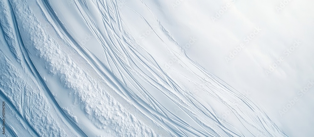 Poster aerial view of pristine white ski slope with intricate ski tracks on a snowy hillside and bright blu