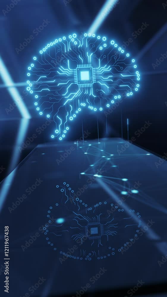 Poster 3d futuristic neon ai hologram hud and digital brain with smartphone display. artificial intelligenc