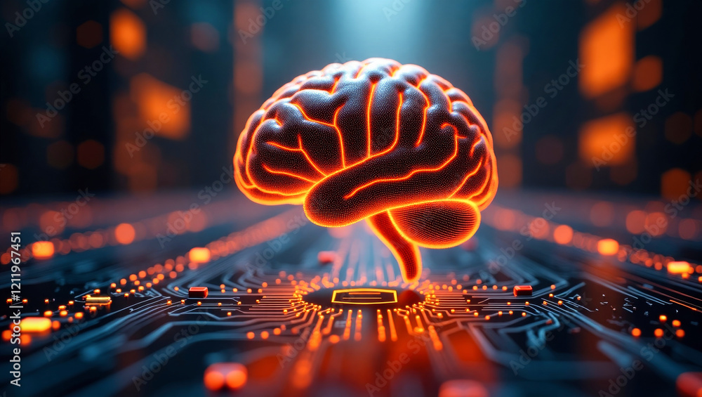 Poster a highly detailed, futuristic brain with intricate circuit patterns and glowing orange lights above 