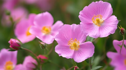 Spotted rock rose flowers in bloom showcasing vibrant pink petals and yellow centers against a blurred green background in nature.