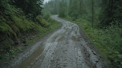 Obraz premium Rainy forest road, muddy track curves through lush green trees, travel adventure background