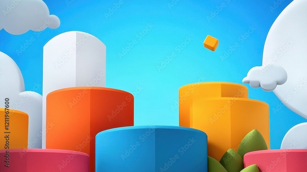 Poster dynamic and vibrant three-dimensional design with colorful shapes against a clear sky