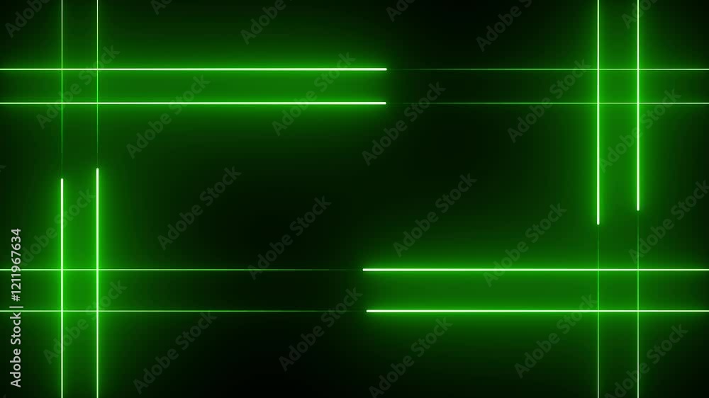 Poster glowing neon line lights digital animation on black background in green color. 4k motion graphics an