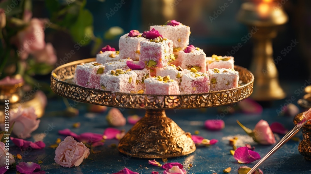 Poster turkish delight presented on an ornate stand with pistachios and rose petals creating an elegant and