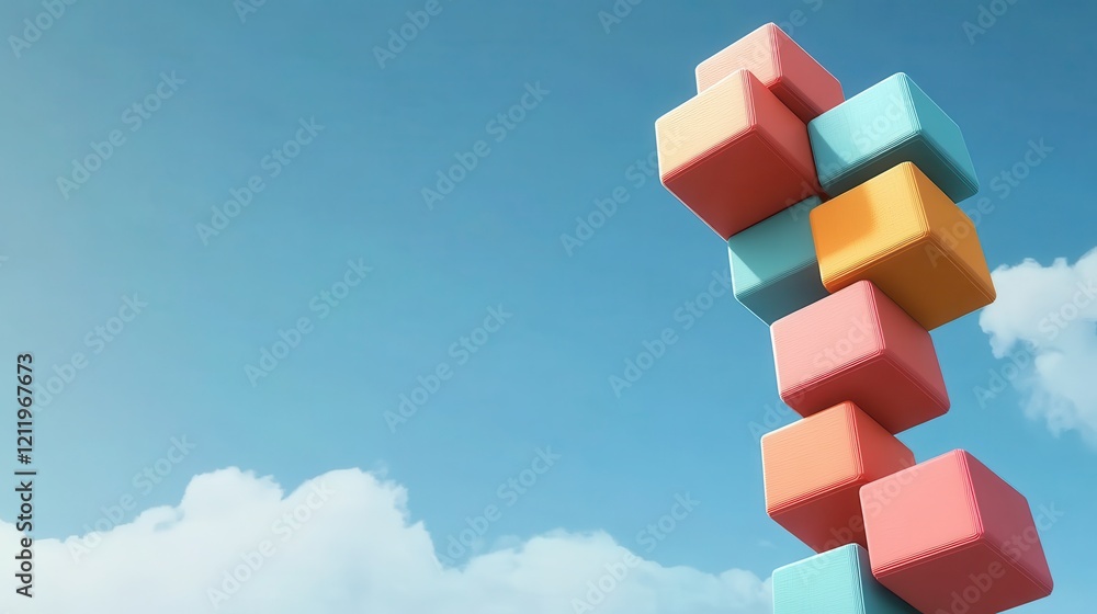 Poster colorful three dimensional blocks stacked against a clear blue sky with clouds presenting a dynamic 