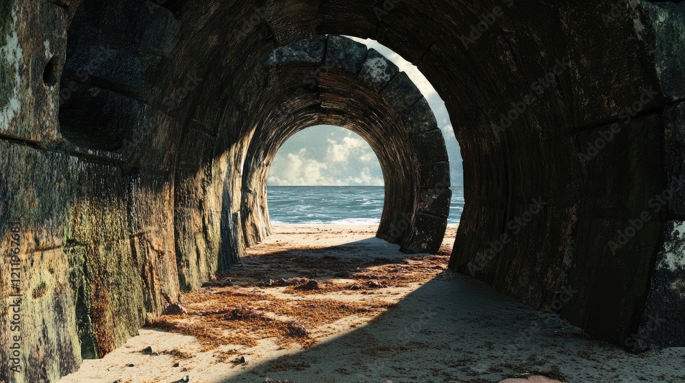 Poster rustic stone tunnel opening to tranquil beach and sea with dramatic sky and ocean waves in the backg