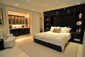 Cozy Minimalist Studio Apartment Featuring a Murphy Bed, Clean Surfaces, and Warm Lighting Against Off-White Walls for a Relaxing Atmosphere